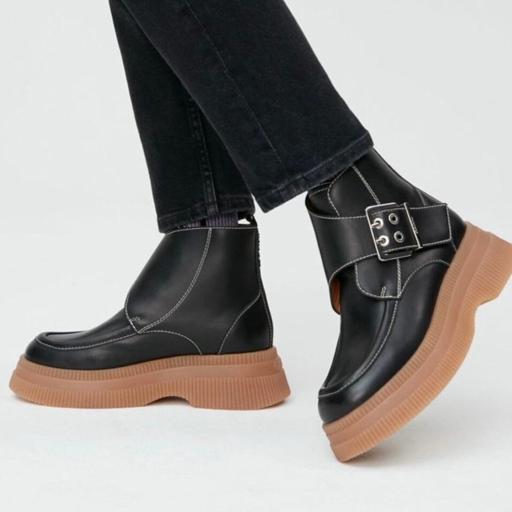 GANNI Creepers Monk Strap Leather Platform Ankle Boots Black